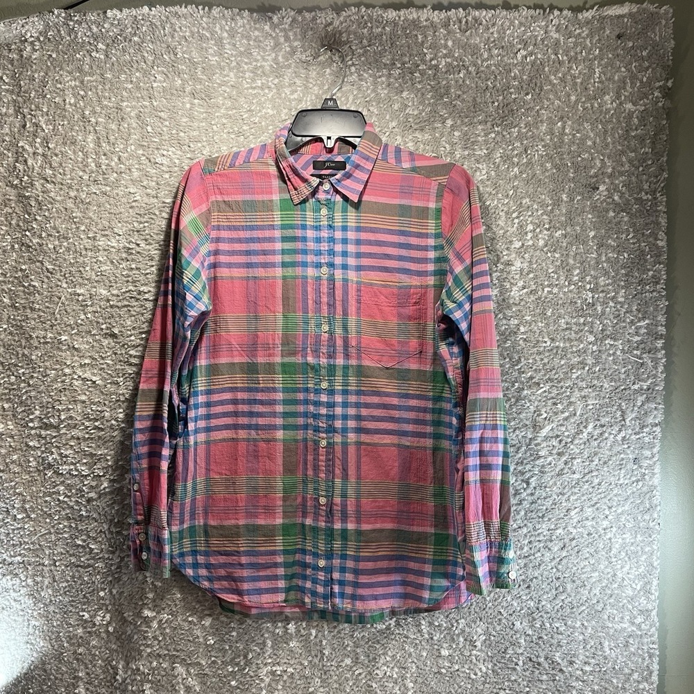 J.‎ Crew Classic Fit Crinkle Plaid Shirt Women Size 6 Preppy Coastal Western